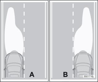 Starten en rijden Lichtbundel aanpassen herleiden vanaf de stip (5) tot aan de hoek van de afplaktape die aangegeven is met een pijl.