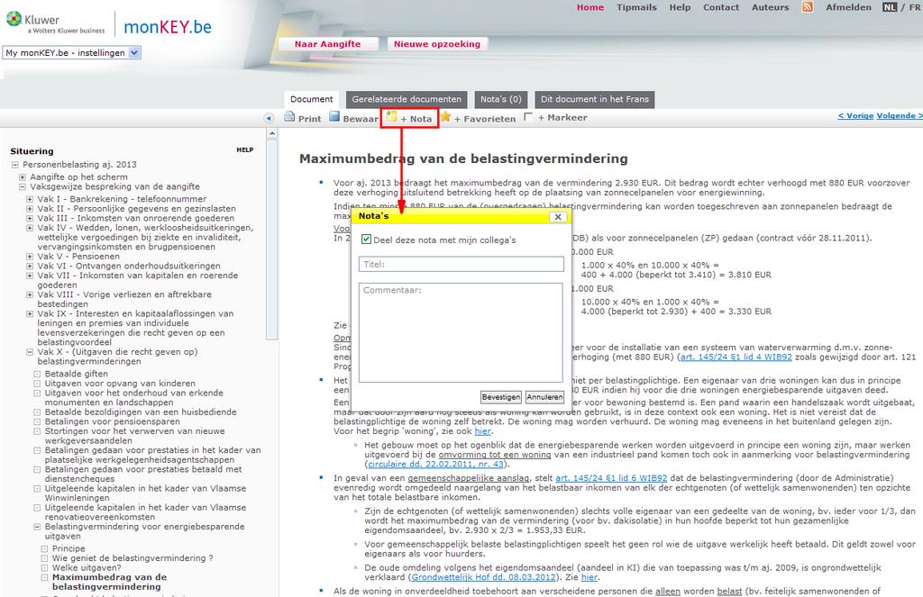 Een venster verschijnt waarin u een nota kunt opstellen die behoort tot dit specifiek document.