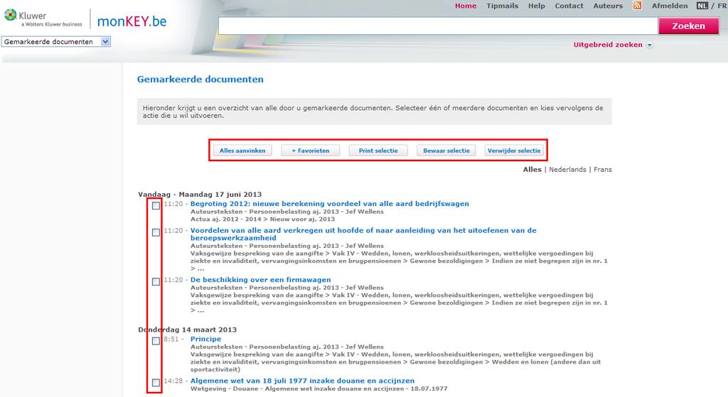monkey.be > Gemarkeerde documenten. De gemarkeerde documenten worden gegroepeerd per datum weergegeven.