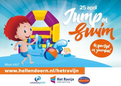 25 april, Jump & Swim in Het Ravijn! Tijdens de meivakantie is er voor kinderen van 4 t/m 12 jaar een mega Jump- & Swimfestijn in Het Ravijn - zwem sport zorg -.