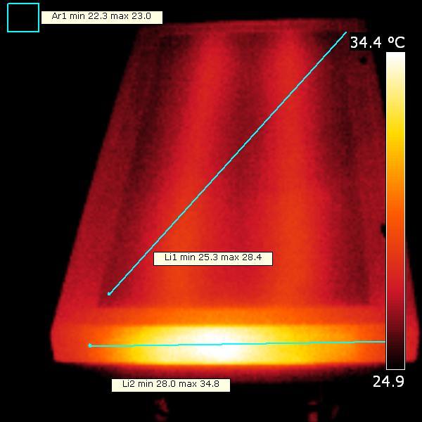 Temperatuurmetingen lamp Lampmeetrapport 5 april 2011 Temperatuursplaatje. Dichtbij het warmste punt zit een voedingseenheid.