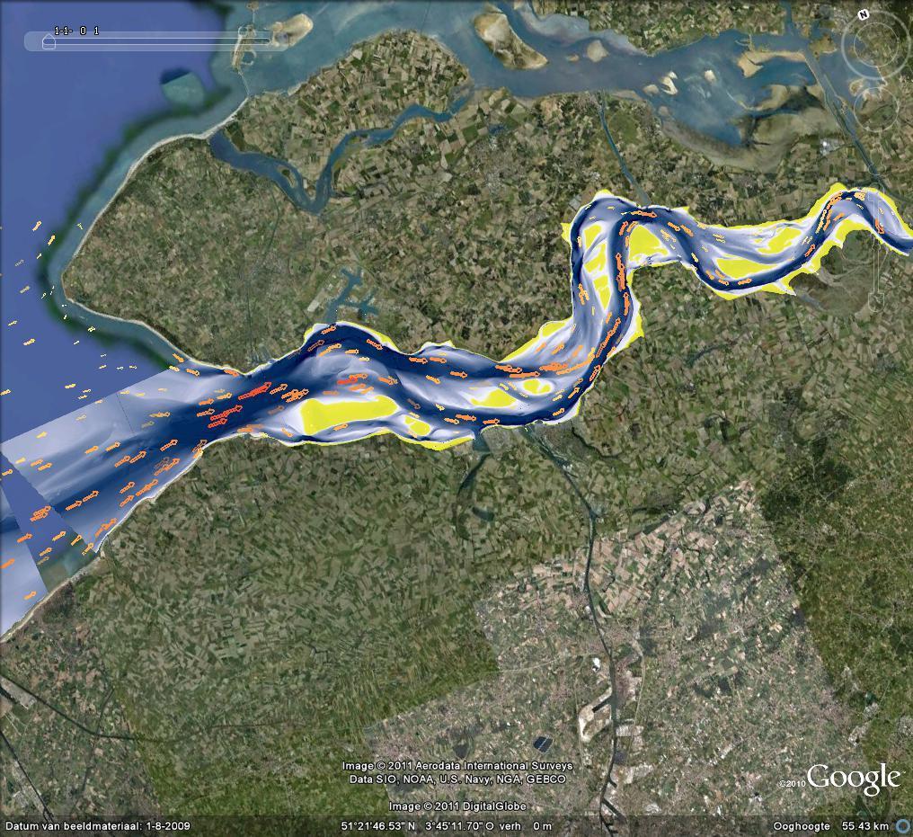 Figuur 10.3: Veschilkaart tussen twee bodems: erosie = sedimentatie; blauw = erosie.