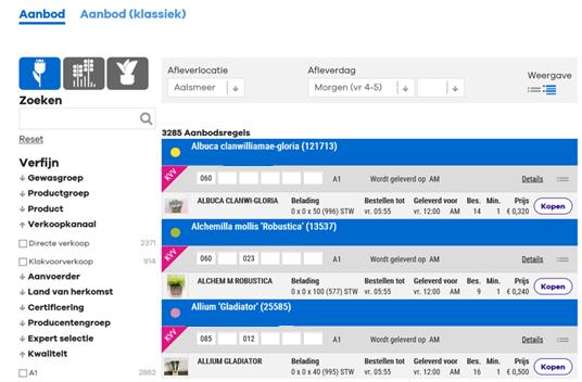 Klokvoorverkoop aanbod (herkenbaar aan paarse driehoek met KVV In aanbodsregel) Directe verkoop aanbod (herkenbaar aan groene driehoek met DV In aanbodsregel) Klokvoorverkoop aanbod is aanbod waarvan