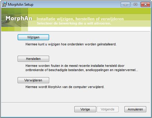 5 Na de installatie Nadat MorphAn is geïnstalleerd is het mogelijk om met het set-up programma de volgende acties uit te voeren aan de betreffende versie van