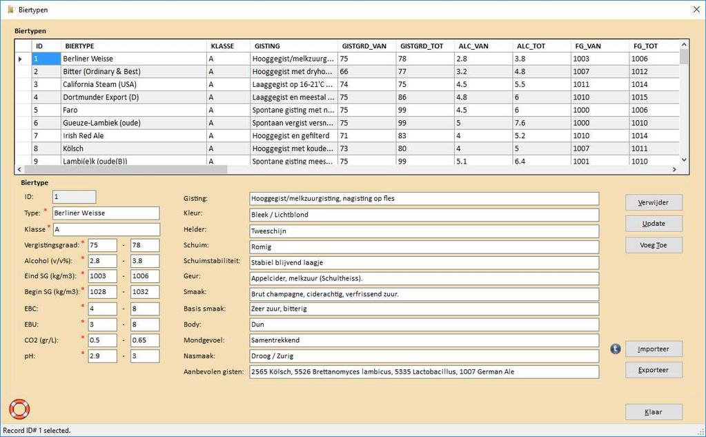 Menu DataBase Beheer - Biertypen... BROdeLuxe2 Help Het menu DataBase Beheer Biertypen... geeft een overzicht van de biertypen met hun karakteristieken.