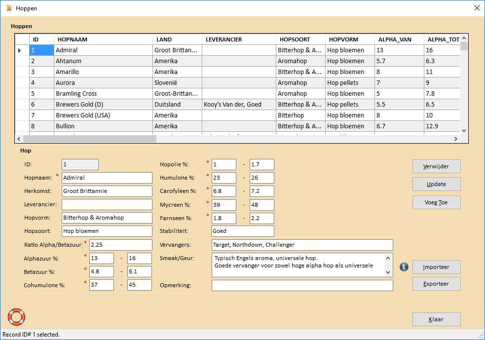 Menu DataBase Beheer - Hoppen... BROdeLuxe2 Help Het menu DataBase Beheer Hop... geeft een overzicht van de hoppen met hun karakteristieken.