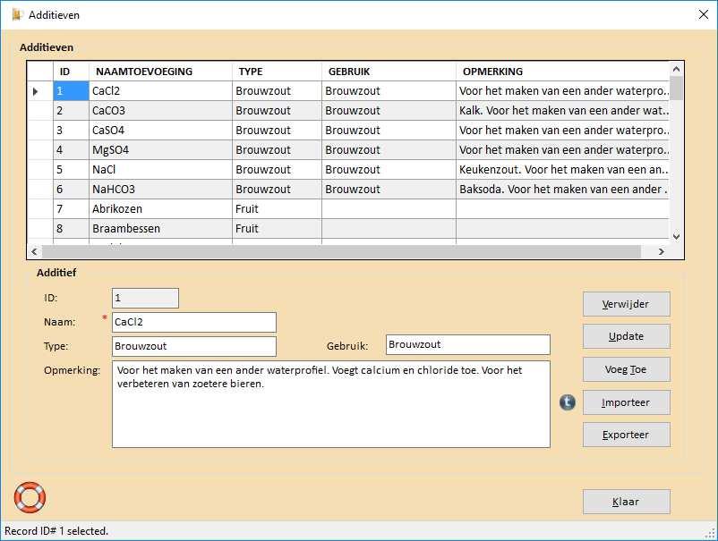 Menu DataBase Beheer - Additieven... BROdeLuxe2 Help Het menu DataBase Beheer Additieven... geeft een overzicht van de additieven met hun karakteristieken.