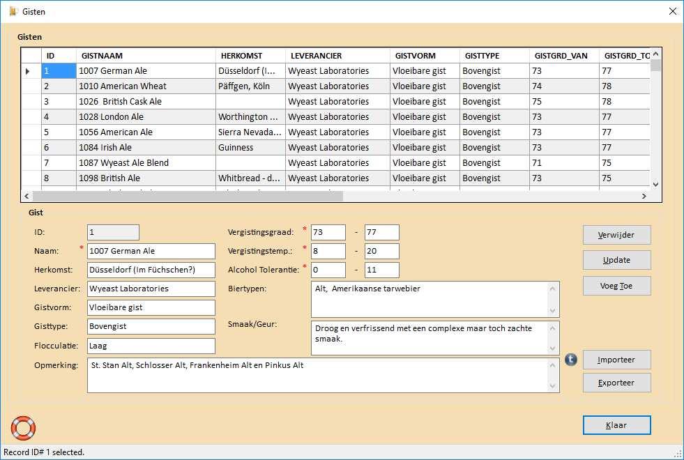 Menu DataBase Beheer - Gisten... BROdeLuxe2 Help Het menu DataBase Beheer Gist... geeft een overzicht van gisten met hun karakteristieken.