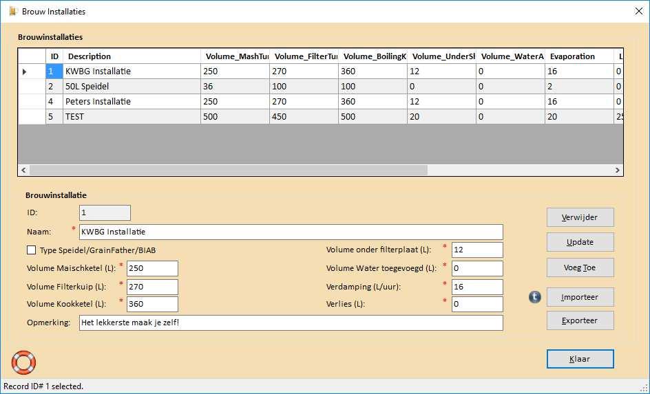 Menu DataBase Beheer - Brouwinstallaties... Het menu DataBase Beheer Brouwinstallaties geeft een overzicht van de aangemaakte brouwinstallaties in de tabel bro_equipments uit BROdeLuxe.mdb.