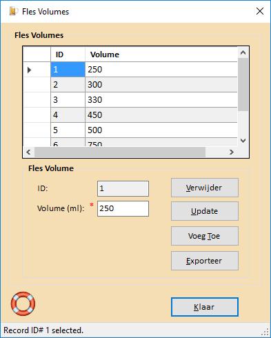 Menu DataBase Beheer - Fles Volumes... BROdeLuxe2 Help Het menu DataBase Beheer Fles Volumes geeft een overzicht van gehanteerde fles volumes.