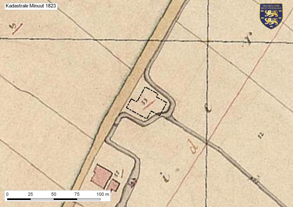 Afbeelding 5. De ligging van het plangebied Spierdijkerweg 97 (zwarte stippellijn) op de Kadastrale Minuut uit 1823. 4.