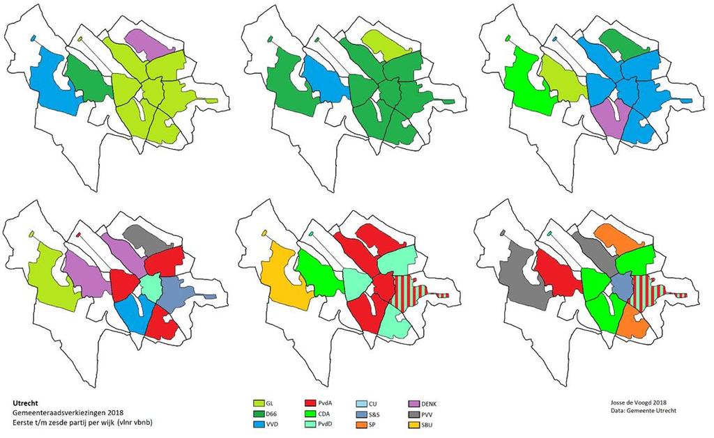 Grootste partij per wijk Op de kaart linksboven is aangegeven welke partij de grootste is in de 10 wijken waarin de gemeente is opgedeeld.