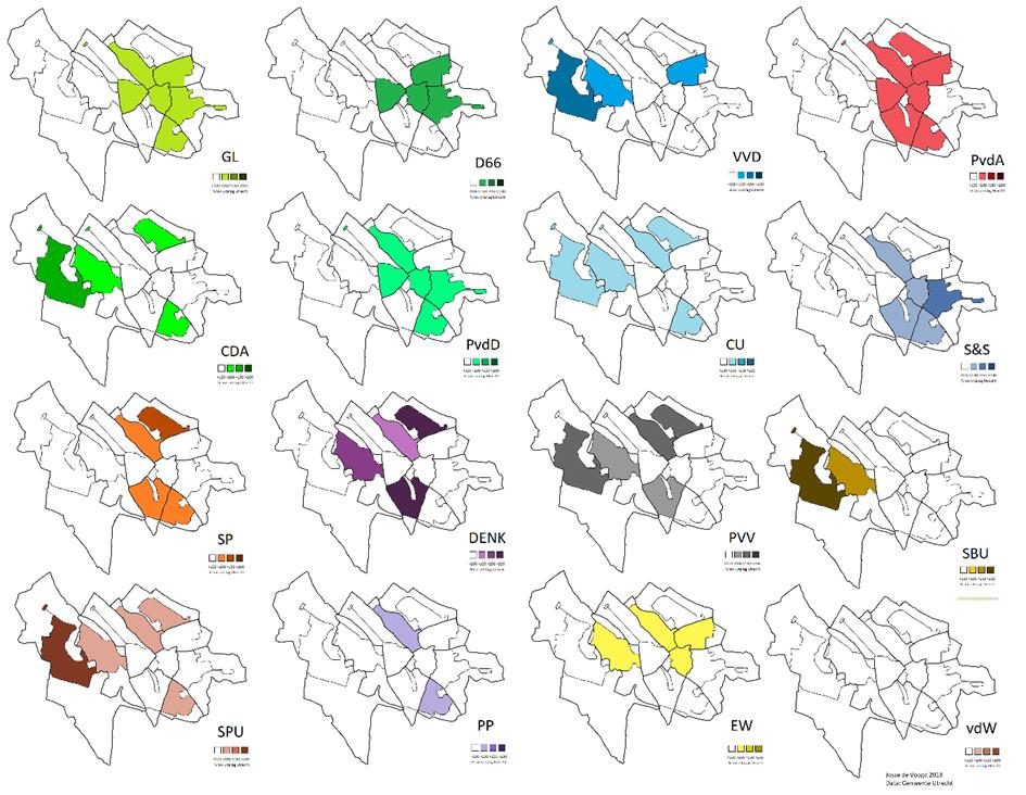 Relatieve aanhang partijen per wijk Op deze kaarten is zichtbaar welke partijen in welke wijken hoger scoren dan het gemeentelijke gemiddelde.