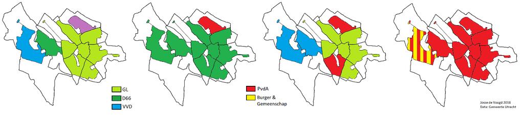 Grootste partij per wijk vanaf 2006 Op de bovenstaande reeks kaarten is de grootste partij per wijk zichtbaar voor de verkiezingen van 2006, 2010, 2014 en 2018.