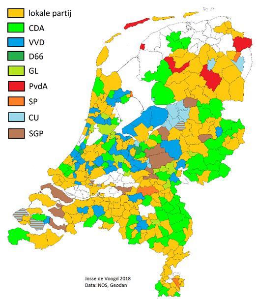 Verkiezingen in Nederland en de gemeente Utrecht De onderstaande kaart links laat de grootste partij per gemeente zien bij de gemeenteraadsverkiezingen.