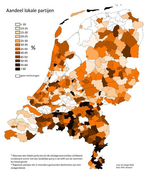 De kaart rechts laat zien welk aandeel van de kiezers op een lokale partij stemt. Opvallend is de beperkte aanhang voor lokale partijen in de gemeente Utrecht.
