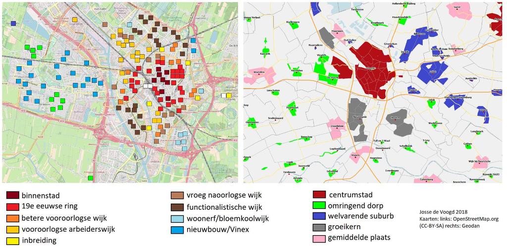 Op deze afbeeldingen zijn de typologieën op stembureauniveau toegepast voor Utrecht en op het niveau van woonkern voor de omringende plaatsen. De buurten liggen als jaarringen rond de binnenstad.