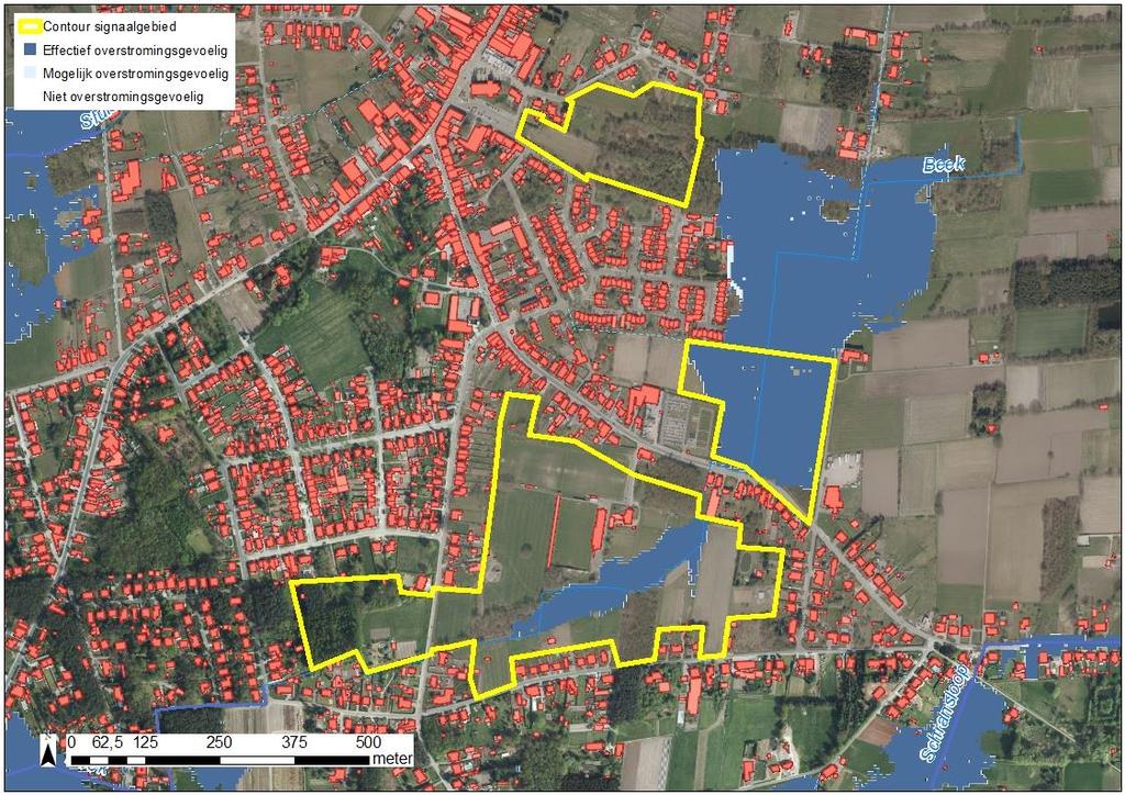 Figuur: watertoetskaart van het signaalgebied op recente orthofoto (medio 2015) met aanduiding van de overstromingsgevoelige gebieden (lichtblauw = mogelijk overstromingsgevoelig; donkerblauw =