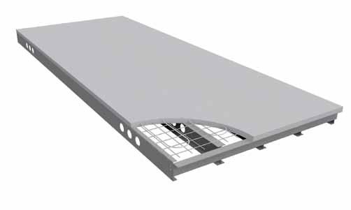 Beschrijving Het Quantum Deck vloersysteem is een geprefabriceerde staalframe-betonvloer met stalen liggers en aan de bovenzijde een betonlaag(je) waarin de bovenflensen zijn opgenomen.