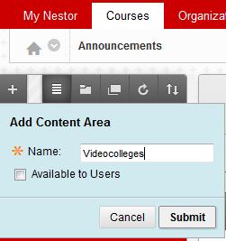 2) Vul de gewenste naam in van het nieuwe tabje/kopje bijvoorbeeld: videocolleges en klik op submit: 3) Hierdoor wordt er een nieuw tabje aangemaakt, men kan er ook voor kiezen om de videocolleges