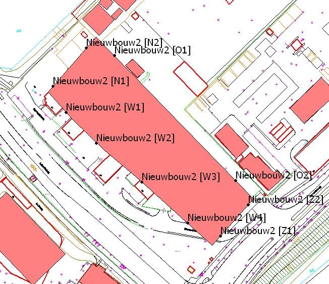 Object Nieuwbouw2 (figuur 5) - Op de hogere bouwlagen van de noordgevel (punten N1 en N2) moeten hogere waarden worden aangevraagd ten gevolge van de Groene Kruisweg.