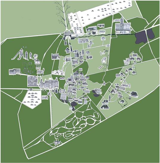 BOKRIJK IN VOGELVLUCHT Bokrijk, een veelheid van plekken Domein (550 ha), Openluchtmuseum (95 ha) Natuurgebied, as Genk-Hasselt Museum (betalend) Speeltuin (gratis) Arboretum (gratis) 2 parkings