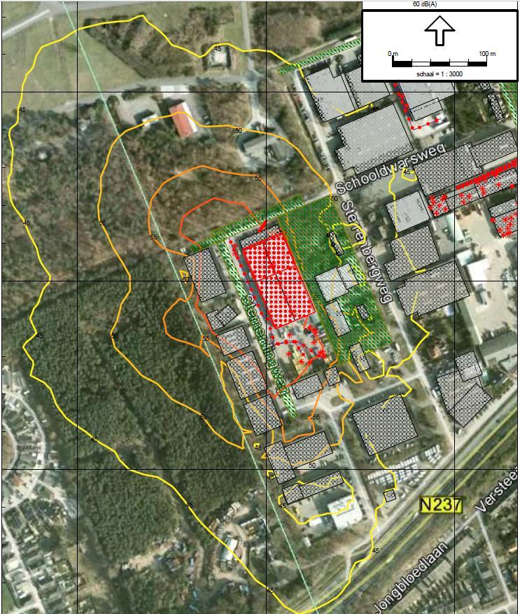 Met afstandgerelateerde geluidruimte voorkom je onevenwichtige geluidruimte bij woningen op grote afstand. Zie voorbeeld hiernaast: 45 db(a) tot op 250 meter terreingrens.