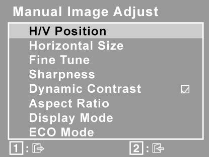 Verklaring bedieningselementen Manual Image Adjust (Beeld handmatig aanpassen) toont het menu voor het handmatig aanpassen van het beeld. H./V.