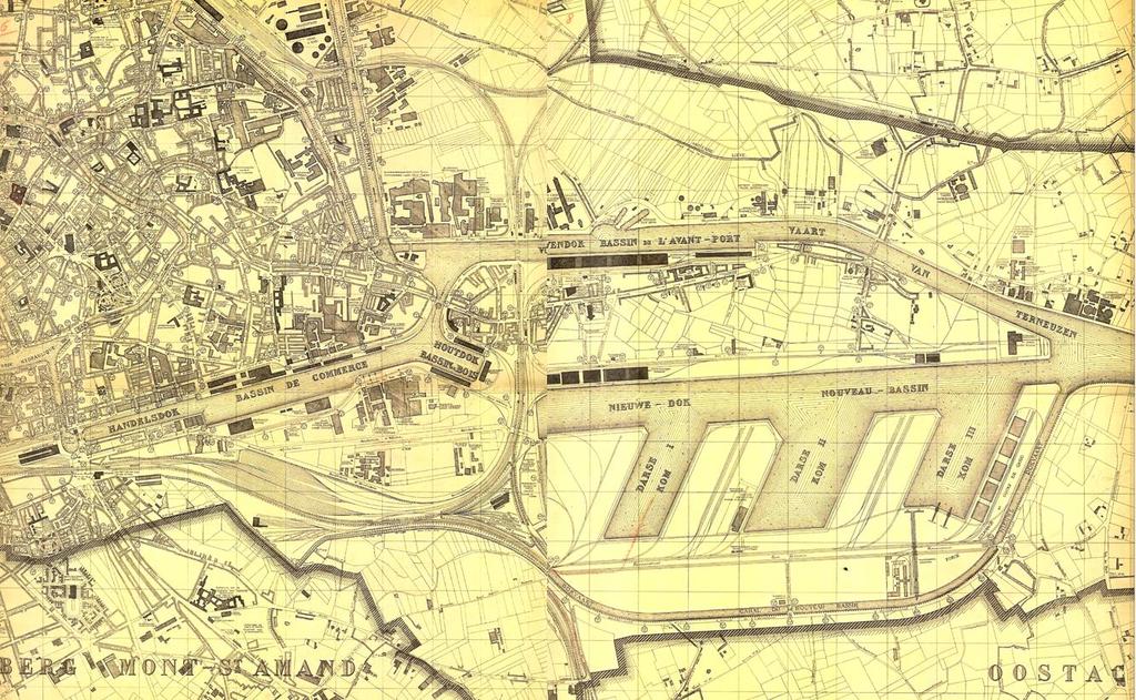 Plan van 1912 Lang was de Koornlei en de Graslei dé haven van Gent. Rond 1750 was de Coupure in opgang. Later in 1816 werden bepaalde goederen die werden ingevoerd onderworpen aan een stads belasting.