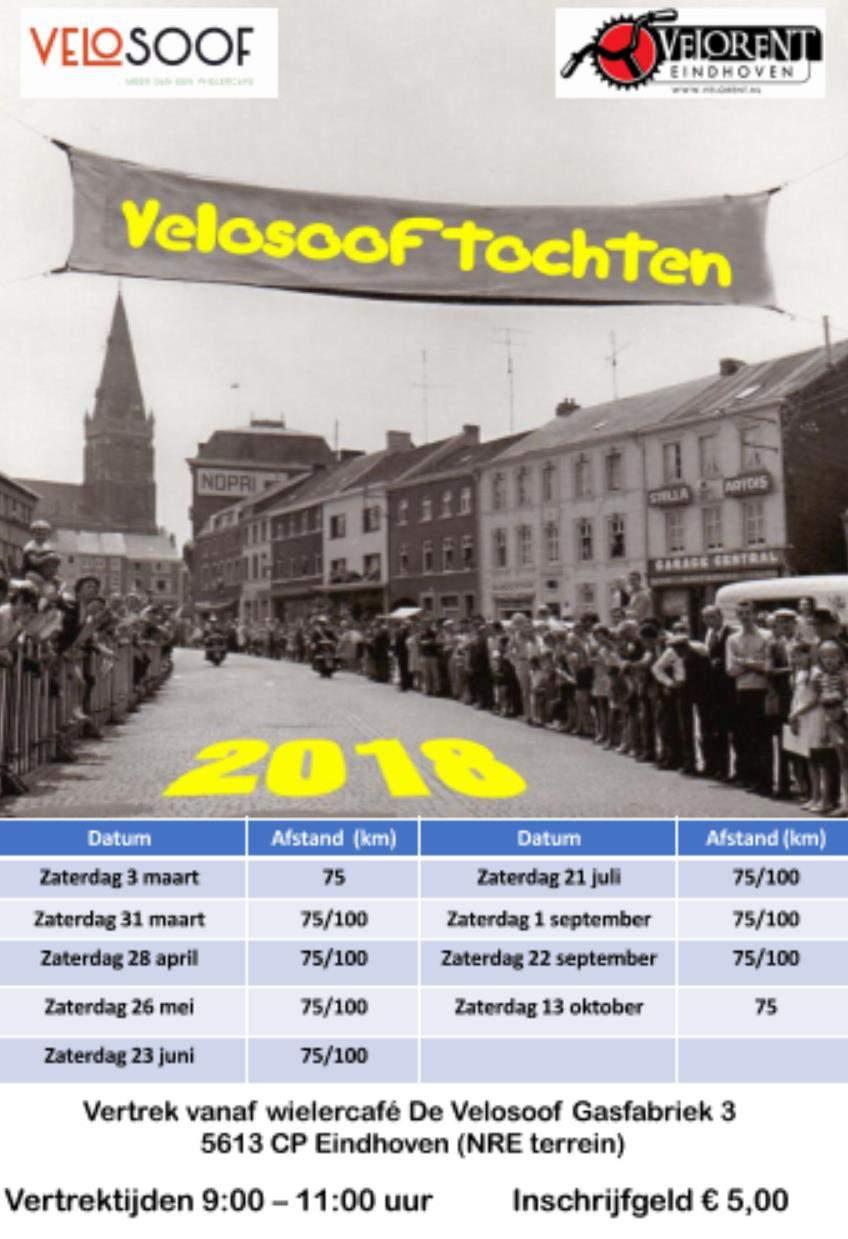 Velosooftochten Vanaf zaterdag 3 maart gaan de Velosooftochten weer van start. Ton Merckx zorgt ook dit jaar weer voor mooie gevarieerde routes. De ritten zijn volledig uitgepijld!