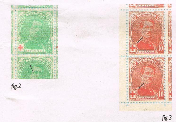 Uitgifte ten voordele van het Rode Kruis 1914 Het is een beperkte studie op de zegels nr 129 (5 centiem groen) en nr 130 ( 10 centiem rood) van de Belgische catalogus.