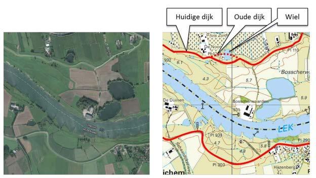 Bron 6: Luchtfoto, kaart en foto van een wiel langs de Lekdijk aan de zuidkant van het Eiland van Schalkwijk.