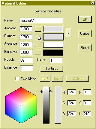 Kies het object Object01 met het menubevel Object Object01. Open de materiaal-gereedschapsbalk door op te klikken (of kies Options Materials).