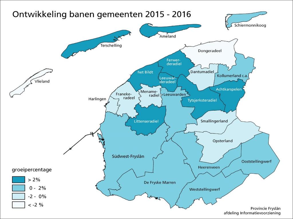 7 Werkgelegenheid gemeenten Onderstaand kaartje toont de werkgelegenheidsontwikkeling van de Friese gemeenten tussen april 2015 en april 2016.