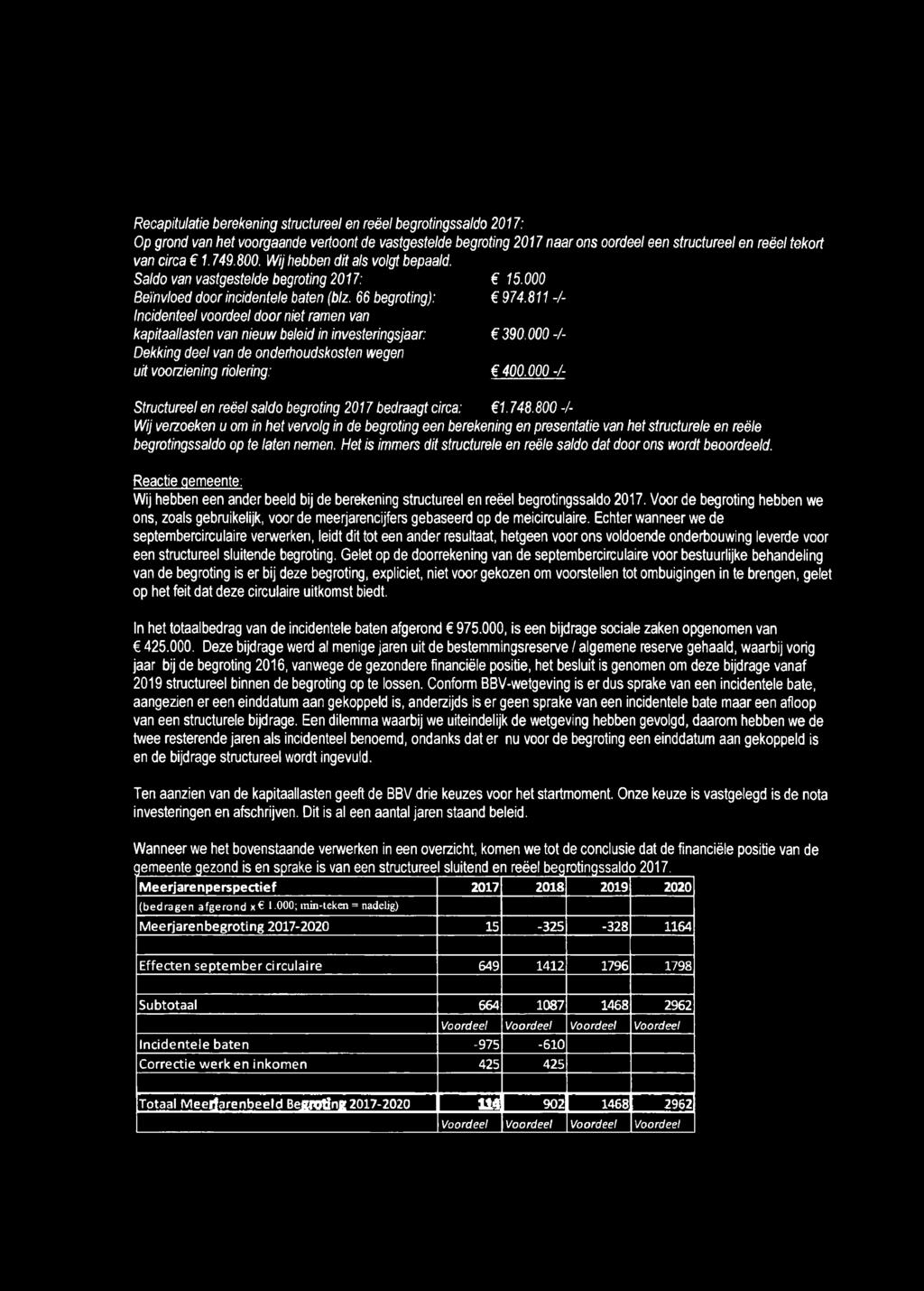 811 -A Incidenteel voordeel door niet ramen van kapitaallasten van nieuw beleid in investeringsjaar: C 390.000 -A Dekking deel van de onderhoudskosten wegen uit voorziening riolering: Ç 400.