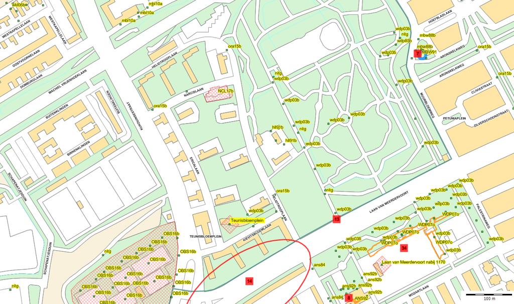 Afb. 3 Het plangebied (NCL17b) met uitgevoerd onderzoek en vindplaatsen. Groene punten = boorpunten, rode vierkanten = vindplaatsen, oranje en blauwe contouren = opgravingen.