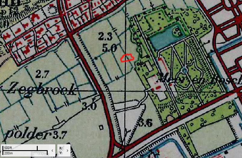 Afb. 5 Uitsnede van de topografische militaire kaart (Bonneblad 439) uit 1934 met het plangebied in rood. (bewonings)niveaus aanwezig zijn met een datering vanaf de bronstijd.