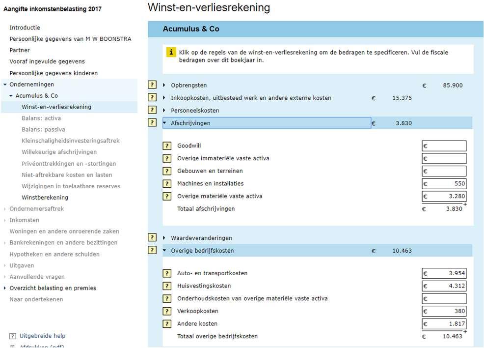 beneden om de diverse afschrijvingsbedragen te zien. Specificeer dit zelf naar de onderdelen die genoemd worden in dit scherm.