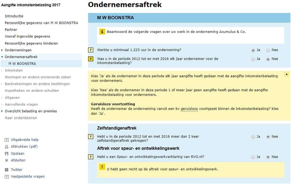 Let op bij de vraag: was u in de periode 2012 t/m 2016 elk jaar ondernemer voor de inkomstenbelasting.