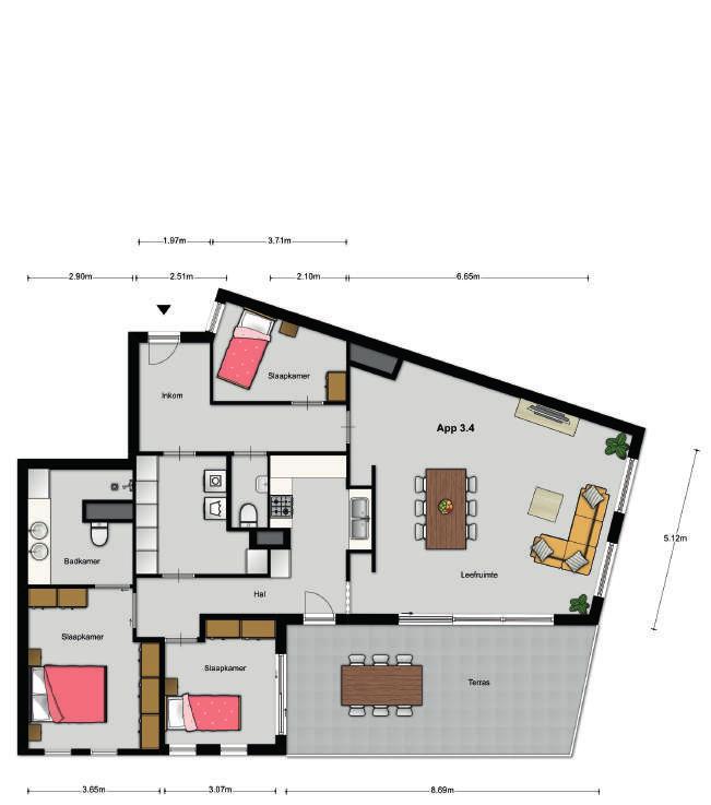 verdieping 3 Woonoppervlakte: 146,87m² Slaapkamers: 3 Terras: 30,18m² VERKOCHT Deze