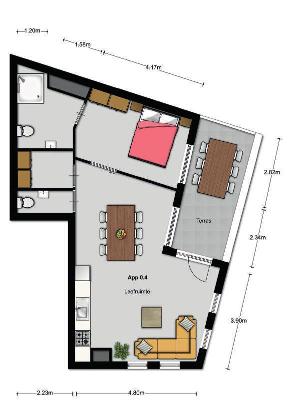 gelijkvloers Woonoppervlakte: 70,10m² Slaapkamers: 1 Terras: 10,55m² Deze