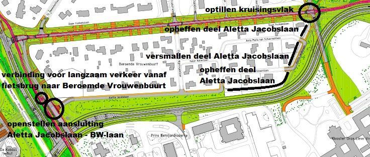 Ook voor de woning aan de Daam Fockemalaan geldt dat er door het opheffen van het laatste stuk van de Aletta Jacobslaan er grond vrijkomt die bij de tuin gevoegd kan worden.