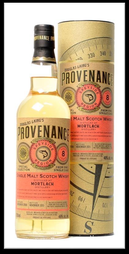 Mortlach Provenance Bottelaar: Douglas Laing, Provenance Distilled: 11-2006 Bottled: 11-2015 Leeftijd: 8 70 cl Alcohol%: 46 % Vat: Refill Hogshead, 10974 Un-chillfiltered en geen kleurstoffen.