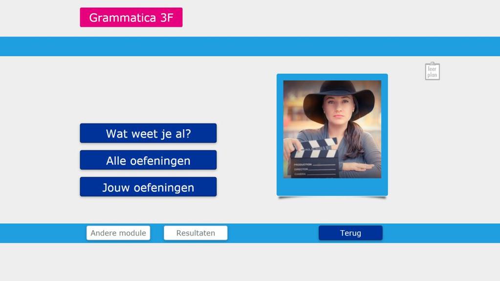 Dit is het hoofdscherm van Grammatica 3F. Pas na het maken van een diagnostische toets (Wat weet je al?