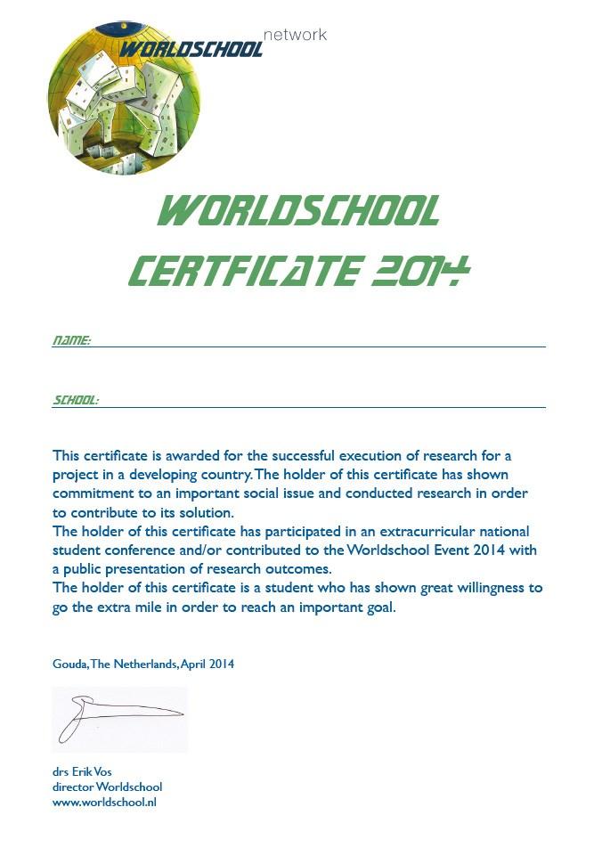 HUGS certificaat Na het presenteren en opleveren van je onderzoek ontvang je het Worldschool Certificate Het certificaat