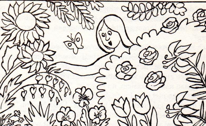 Om door te gaan 1 Hier zie je Eva in de bloementuin. Kun jij het vergeet-mij-nietje vinden? En weet je ook hoe de andere bloemen heten? Je kunt de plaat ook kleuren. Vergeven en vergeten Rotjoch!