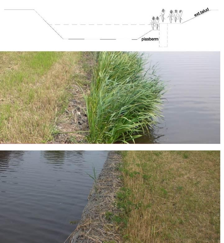 D4. Oevertype D schanskorf De oeververdediging van de watergang bestaat uit een schanskorf. De gebruikte schanskorf bestaat uit een metalen gaasnet dat is gevuld met steenachtige materialen.