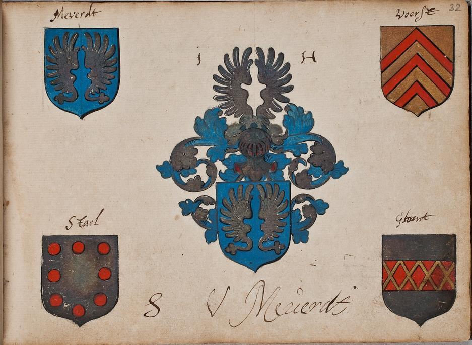 Sweder van Meverdt P 42 fol 32r Sweder van Meverdt, s.l. 1701-1725 met zijn kwartierwapens. 1. Van Meverdt, 2. Van Stael, 3. Van Voerst en 4.