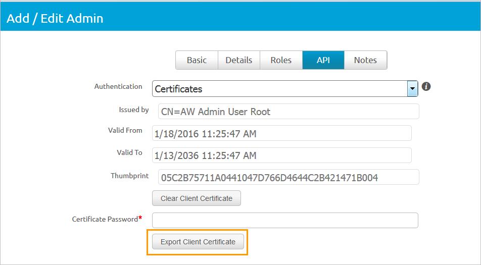 5 Selecteer het tabblad API en selecteer Certificaten in het tekstvak Verificatie. 6 Voer het certificaatwachtwoord in.