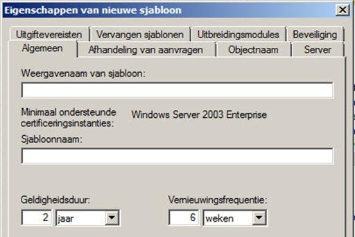 Figuur 3 1. Dialoogvenster Eigenschappen van nieuw sjabloon voor Active Directorycertificaatsservices Tabblad Algemeen. Voer de weergavenaam van het sjabloon en de sjabloonnaam in.